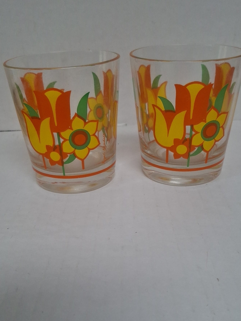 Vintage Floral Orange & Yellow Glass Tumbler Set - 2 Pc